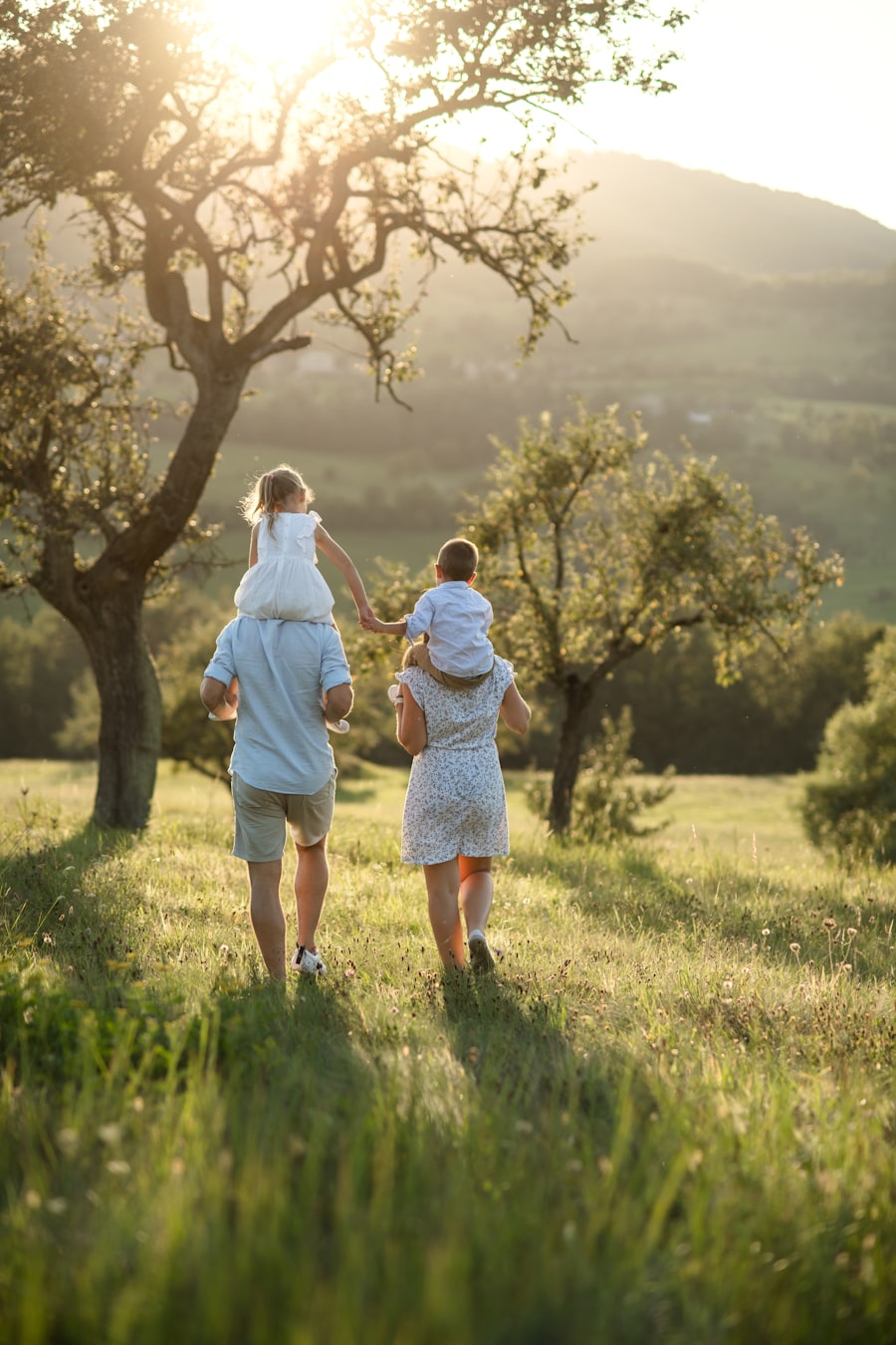 Familie mit zwei kleinen Kindern auf einer Wiese bei Sonnenuntergang